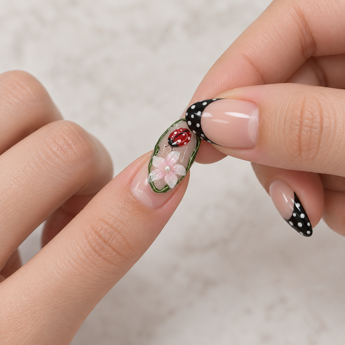 Polka Dot Ladybug Floral Press On Nail Set