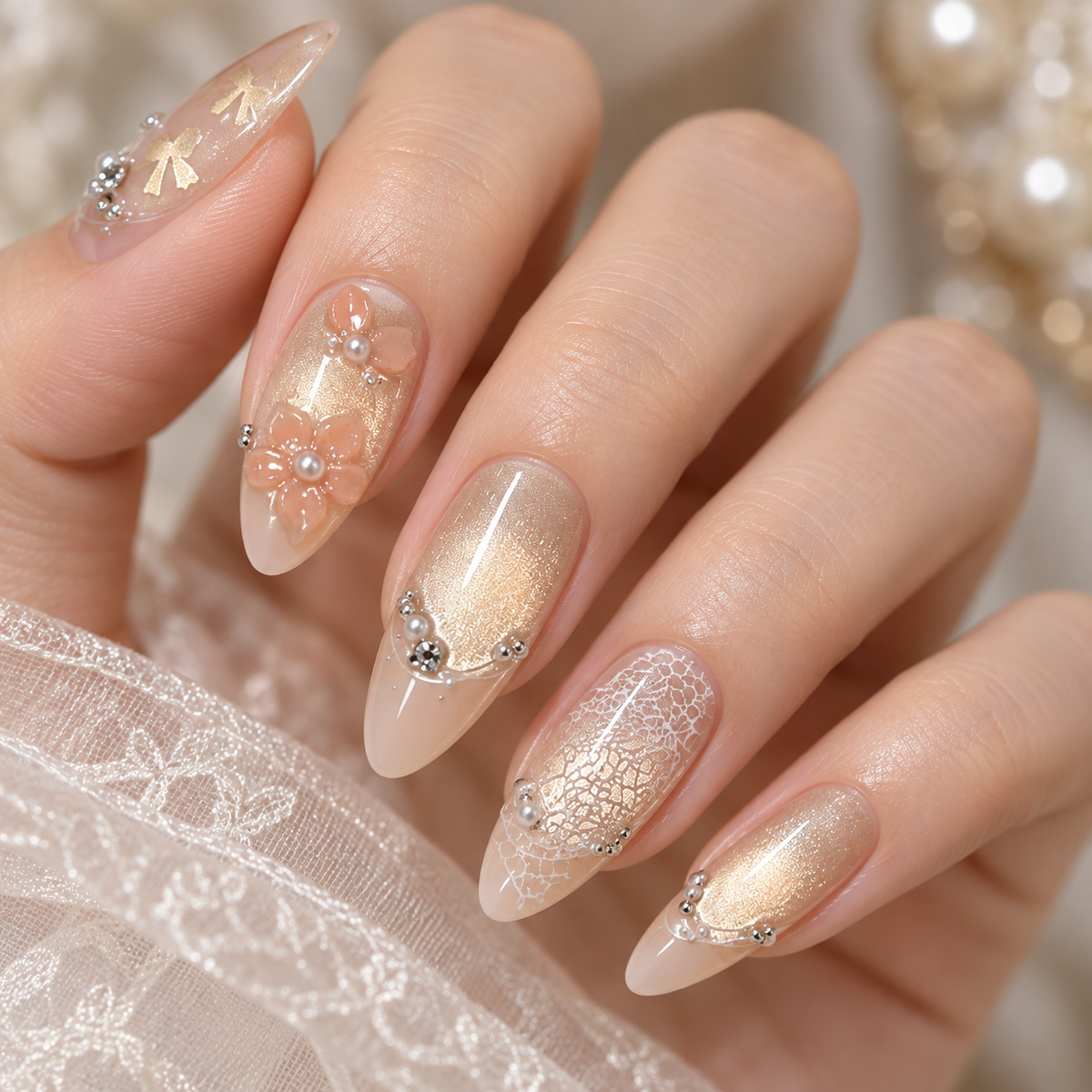 Gardenia Pearl Diamond Cat Eye Press On Nail Set