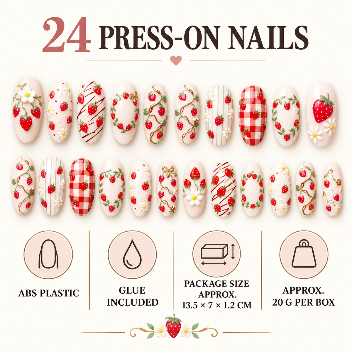 Strawberry Garden Floral Press On Nail Set