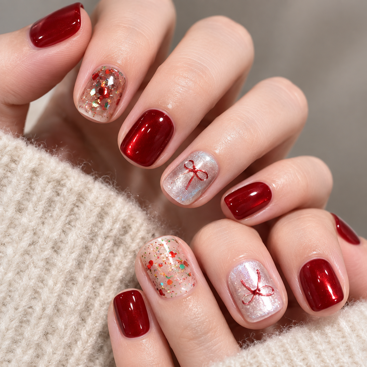 Red Bow Crushed Ice Cat Eye Press On Nail Set