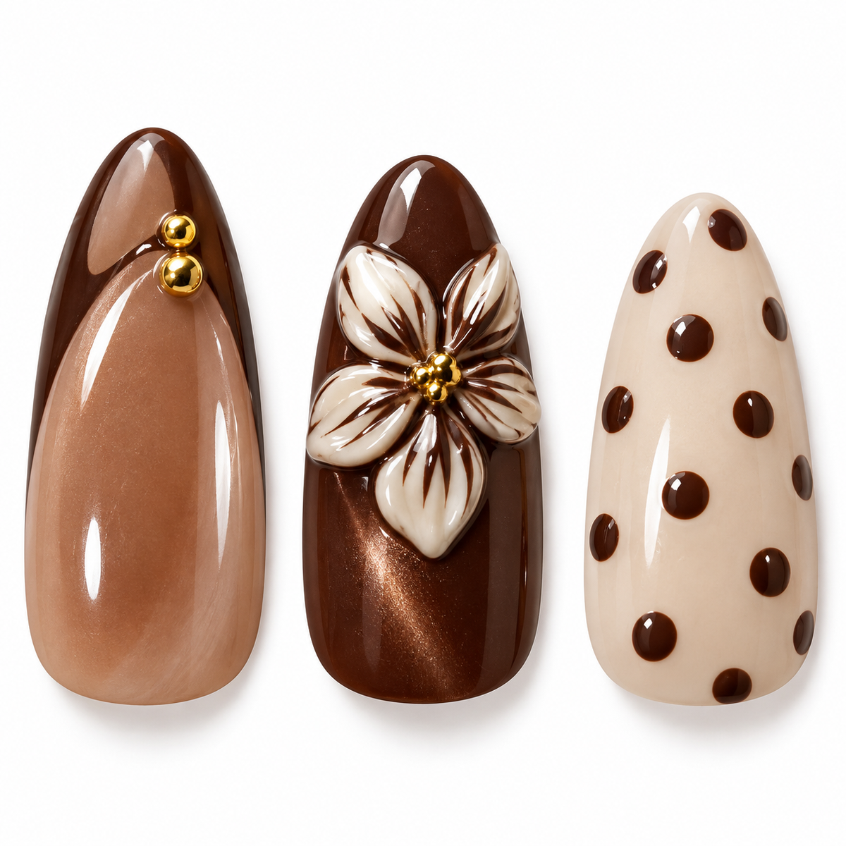 Mocha Cream Floral Gold Bead Press On Nail Set