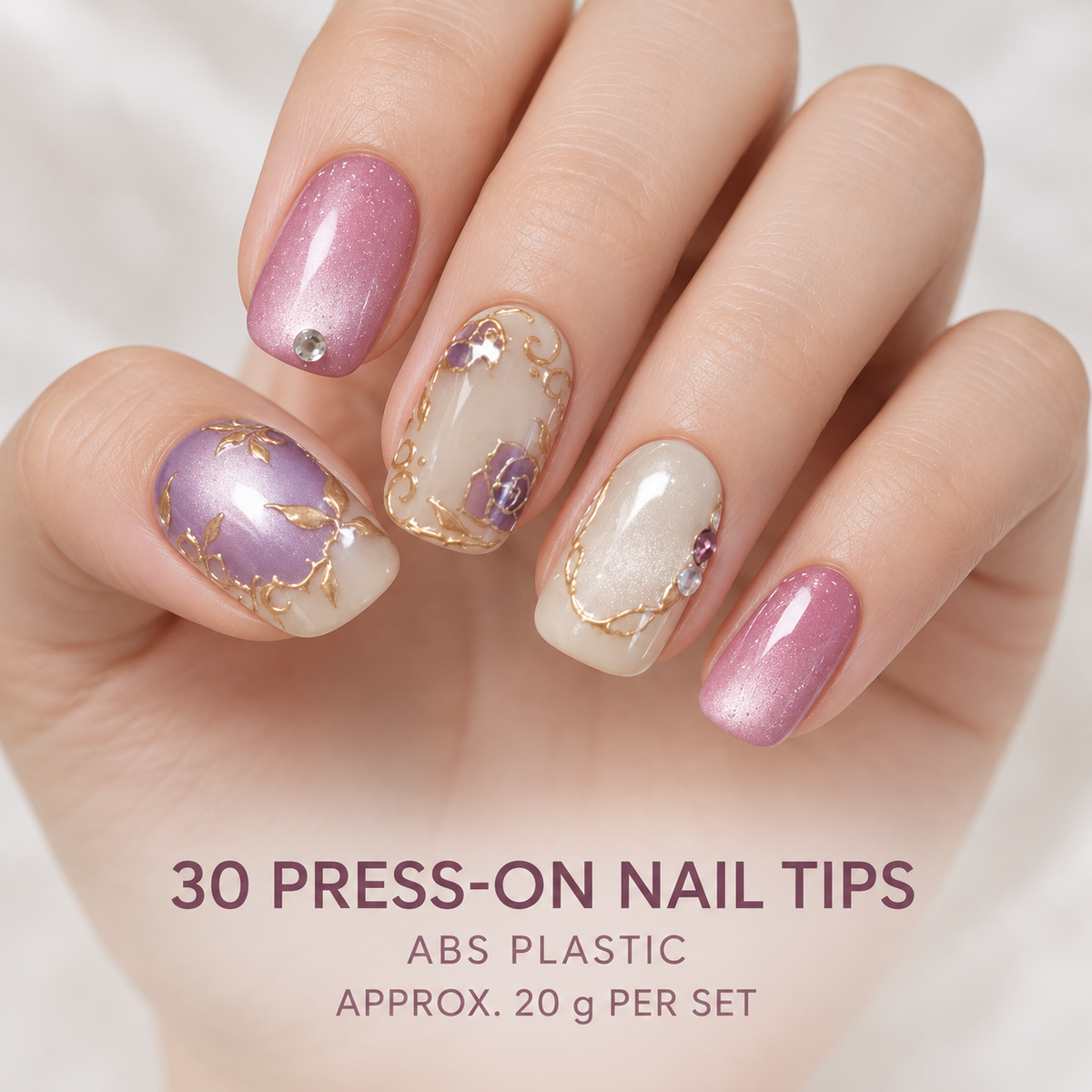 Moonlit Purple Gilded Floral Cat Eye Press On Nail Set