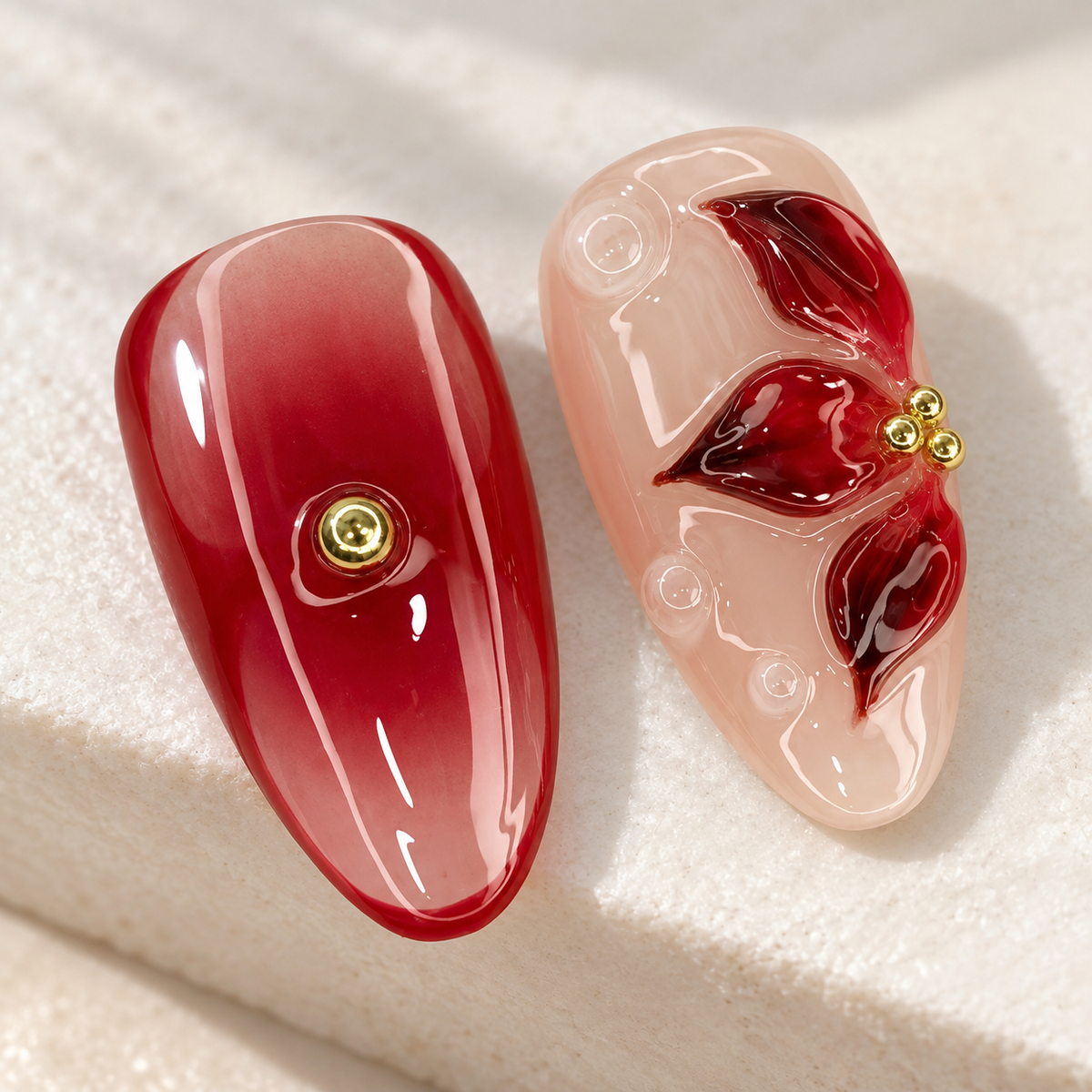Crimson Camellia Gold Bead Press On Nail Set