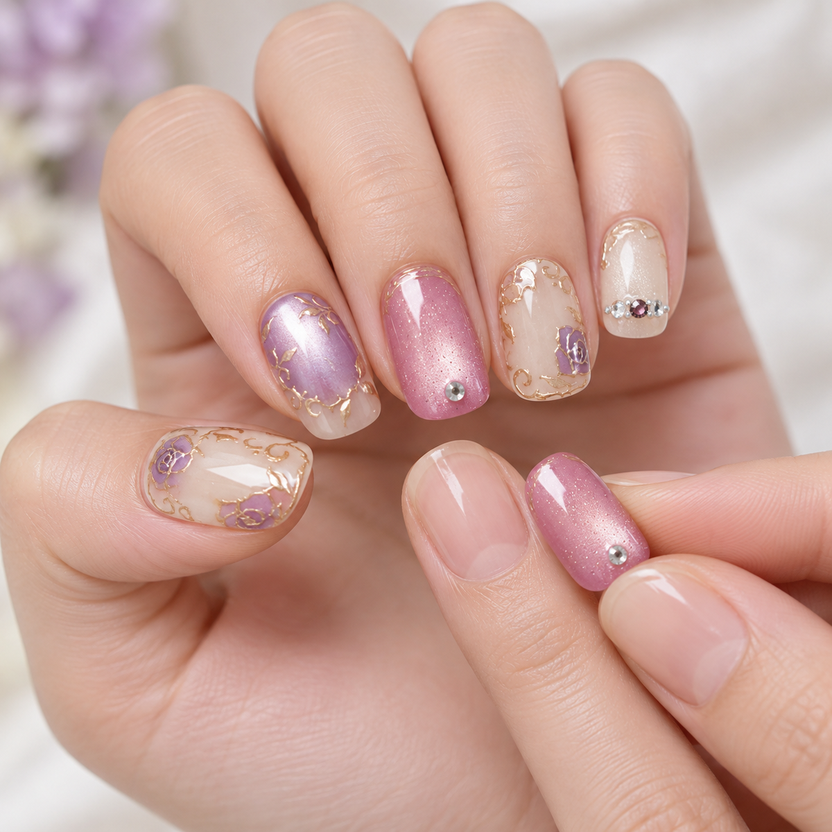 Moonlit Purple Gilded Floral Cat Eye Press On Nail Set