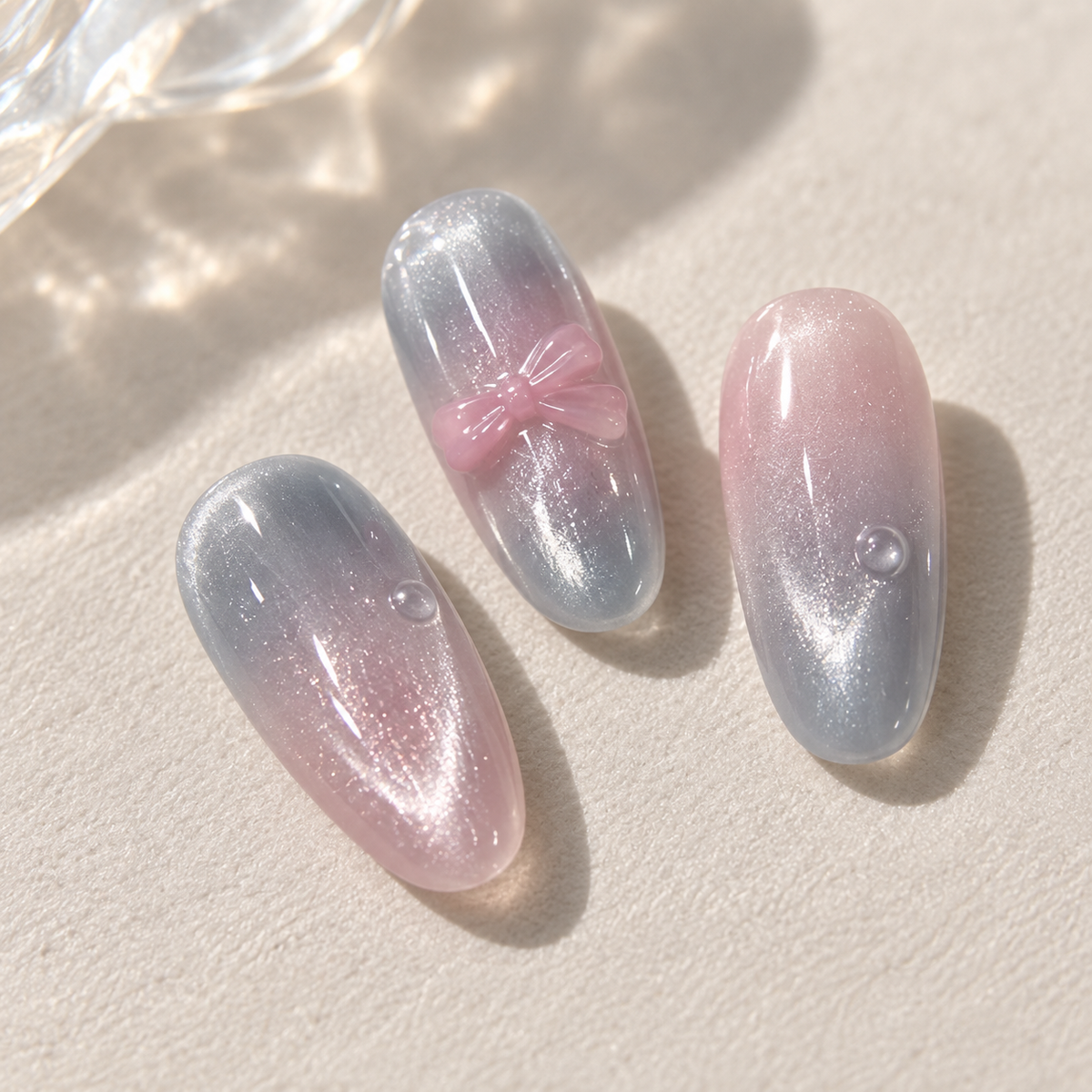 Icy Blue Cat Eye Bubble Bow Press On Nail Set