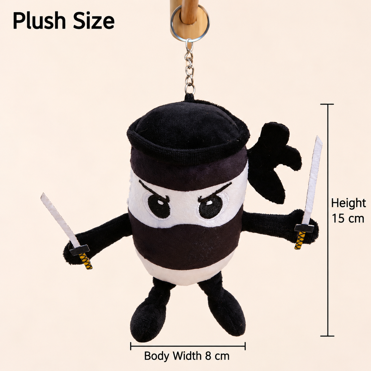 15cm Ninja Plush Keychain - Black/White 3