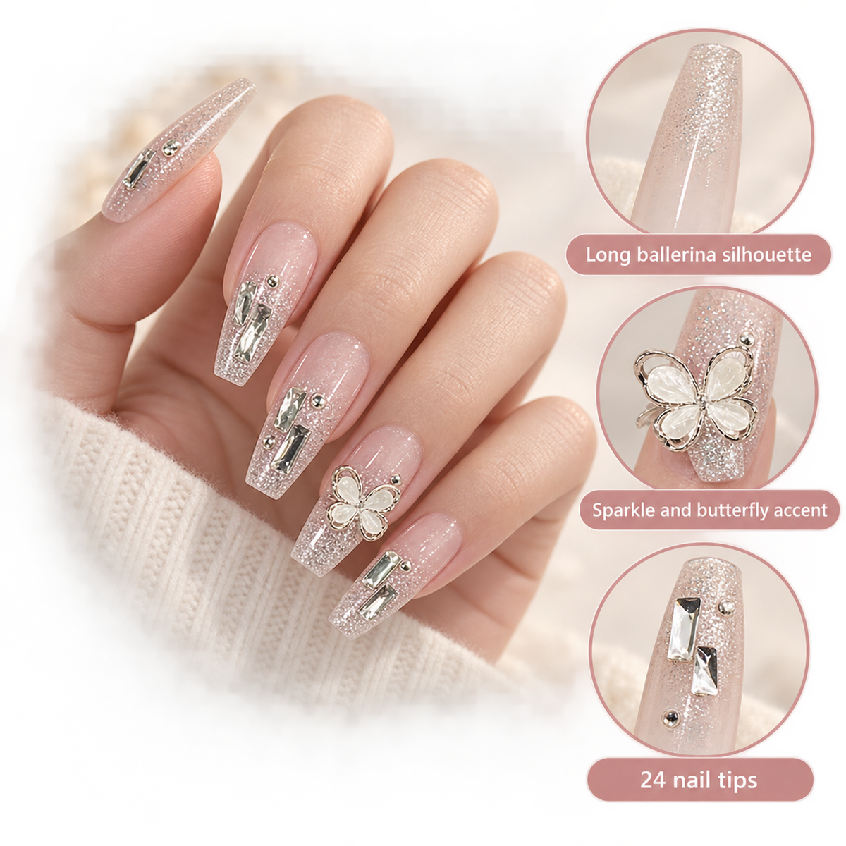 Rotating Butterfly Glitter Ballet Press On Nail Set