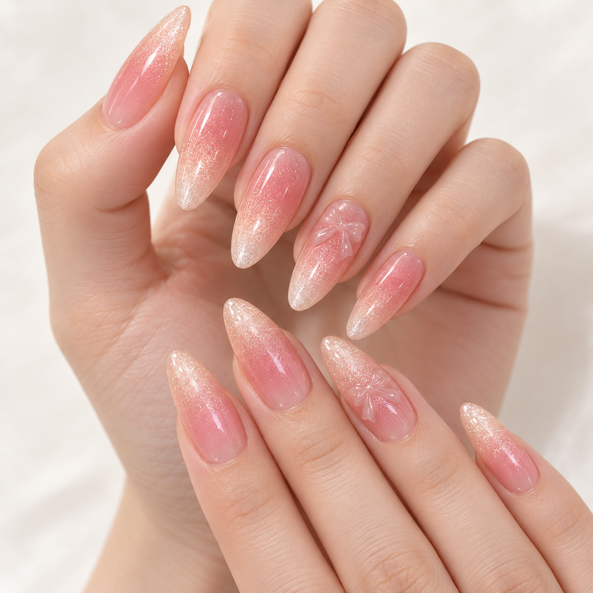 Peach Sorbet Bow Cat Eye Press On Nail Set