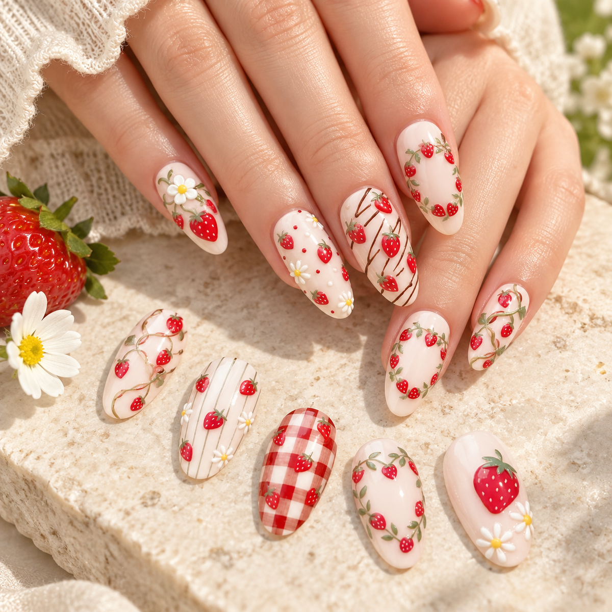 Strawberry Garden Floral Press On Nail Set