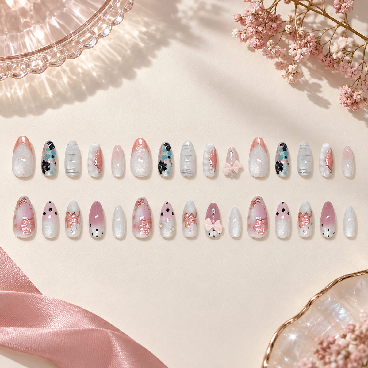 Misty Pink White Tea Pearl Press On Nail Set