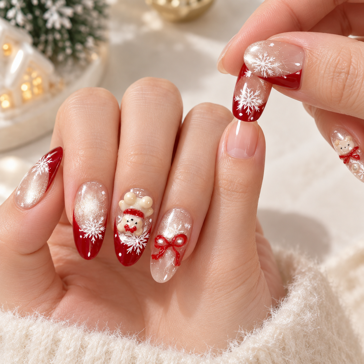 Creamy Apricot Christmas Teddy Cat Eye Press On Nail Set · mproduct-6ed77ff561e499cc2f76