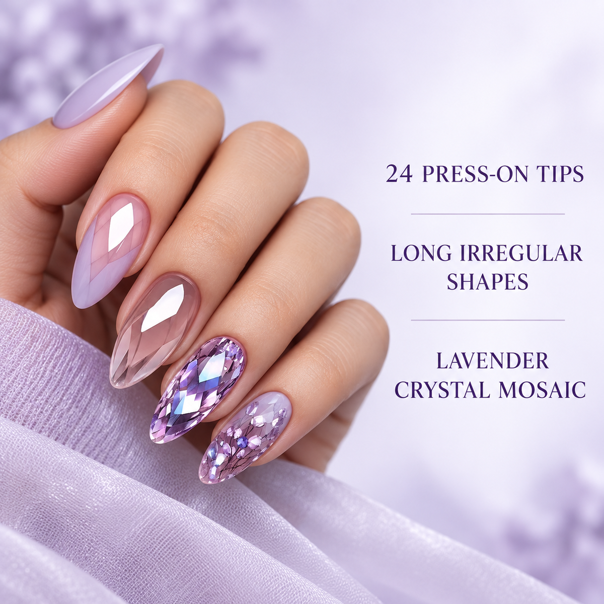 Lavender Crystal Irregular Long Press On Nail Set