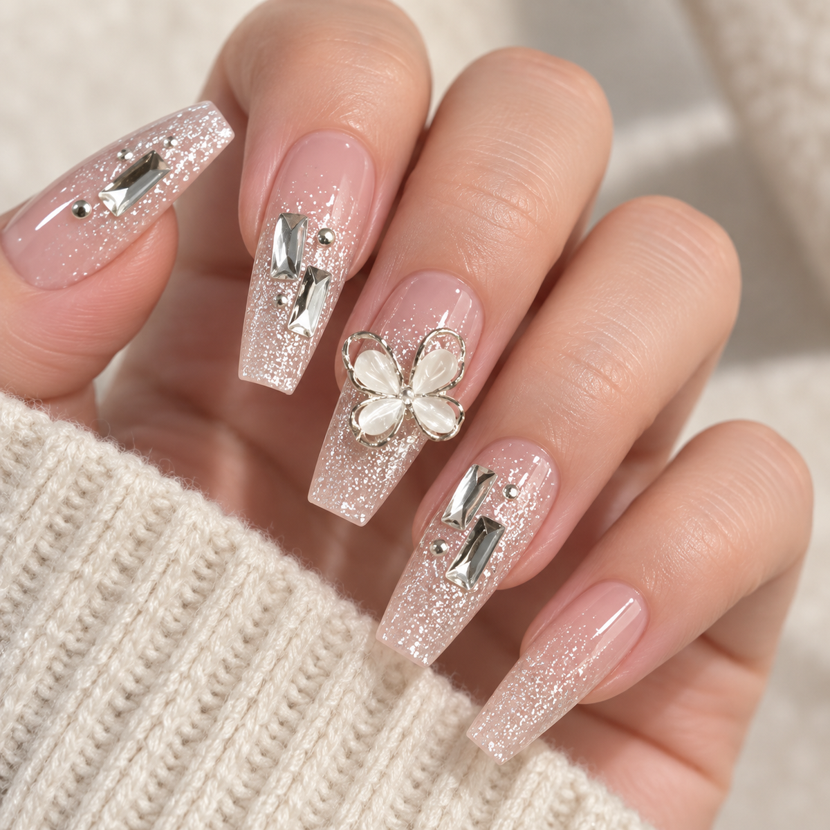 Rotating Butterfly Glitter Ballet Press On Nail Set