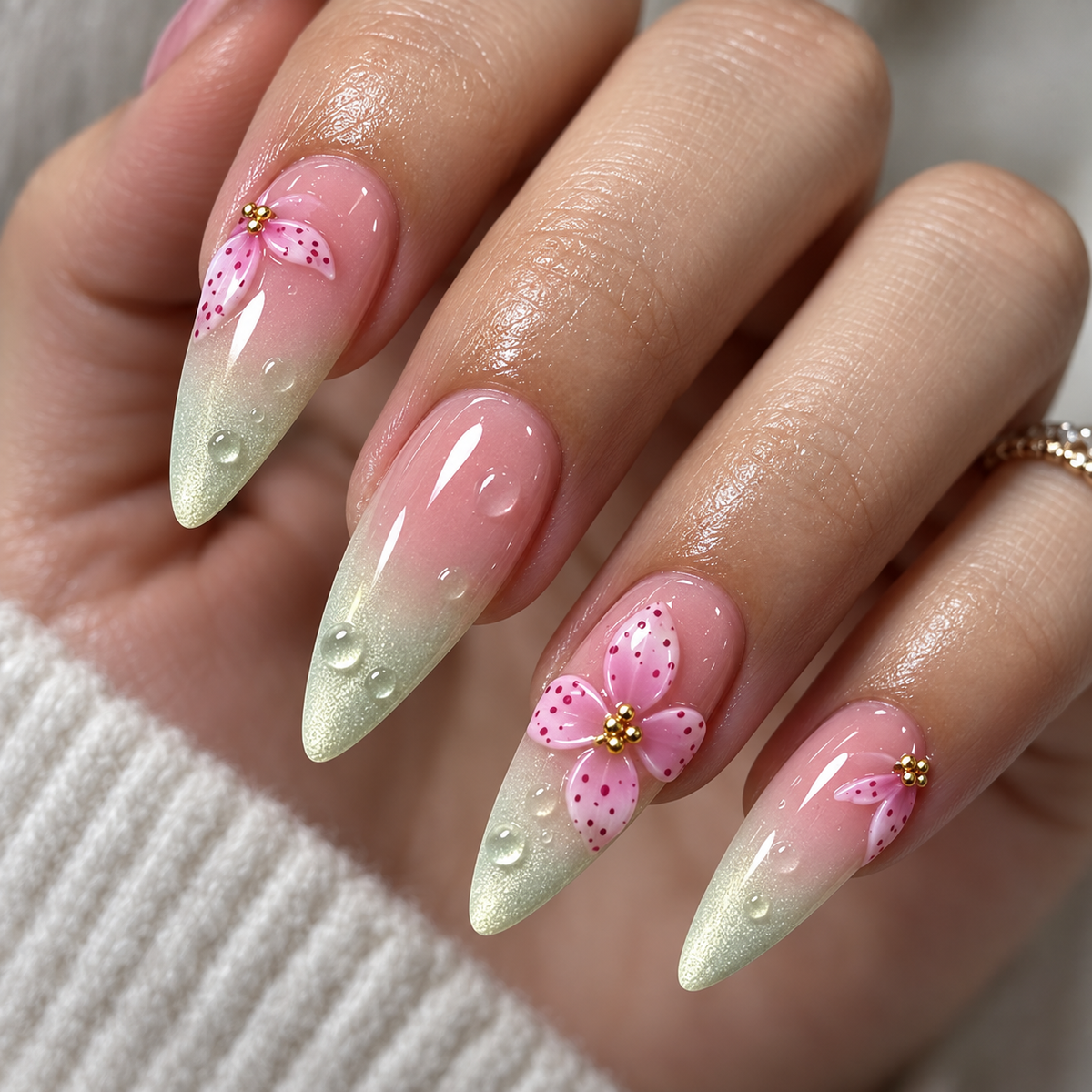 Matcha Cat Eye Carved Lily Press On Nail Set
