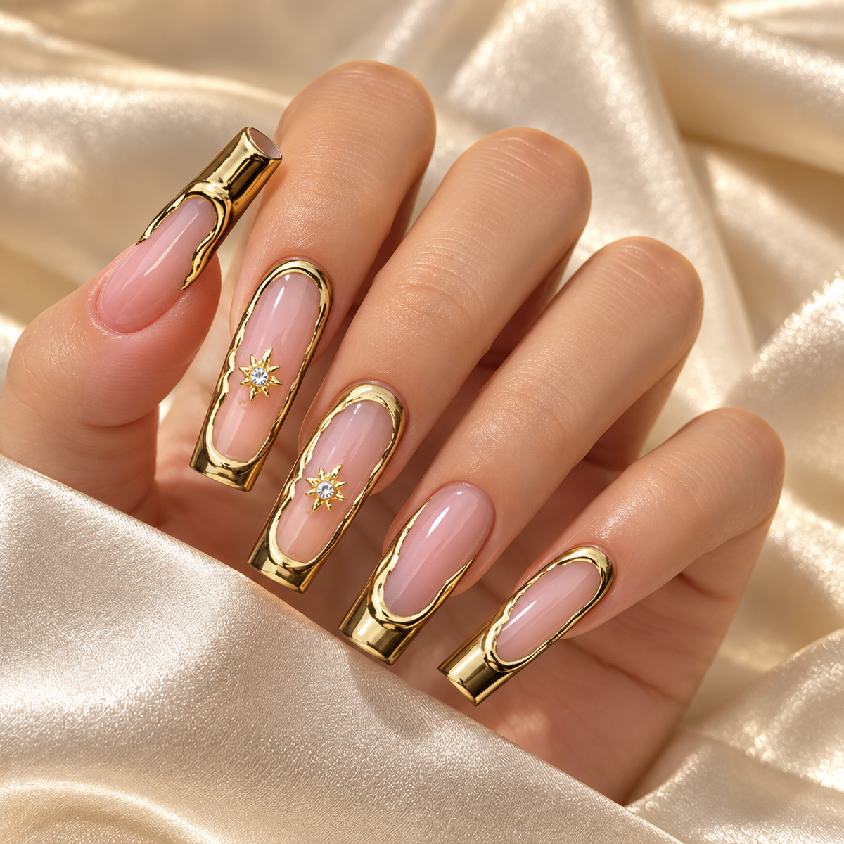 Golden Star French Crystal Press On Nail Set