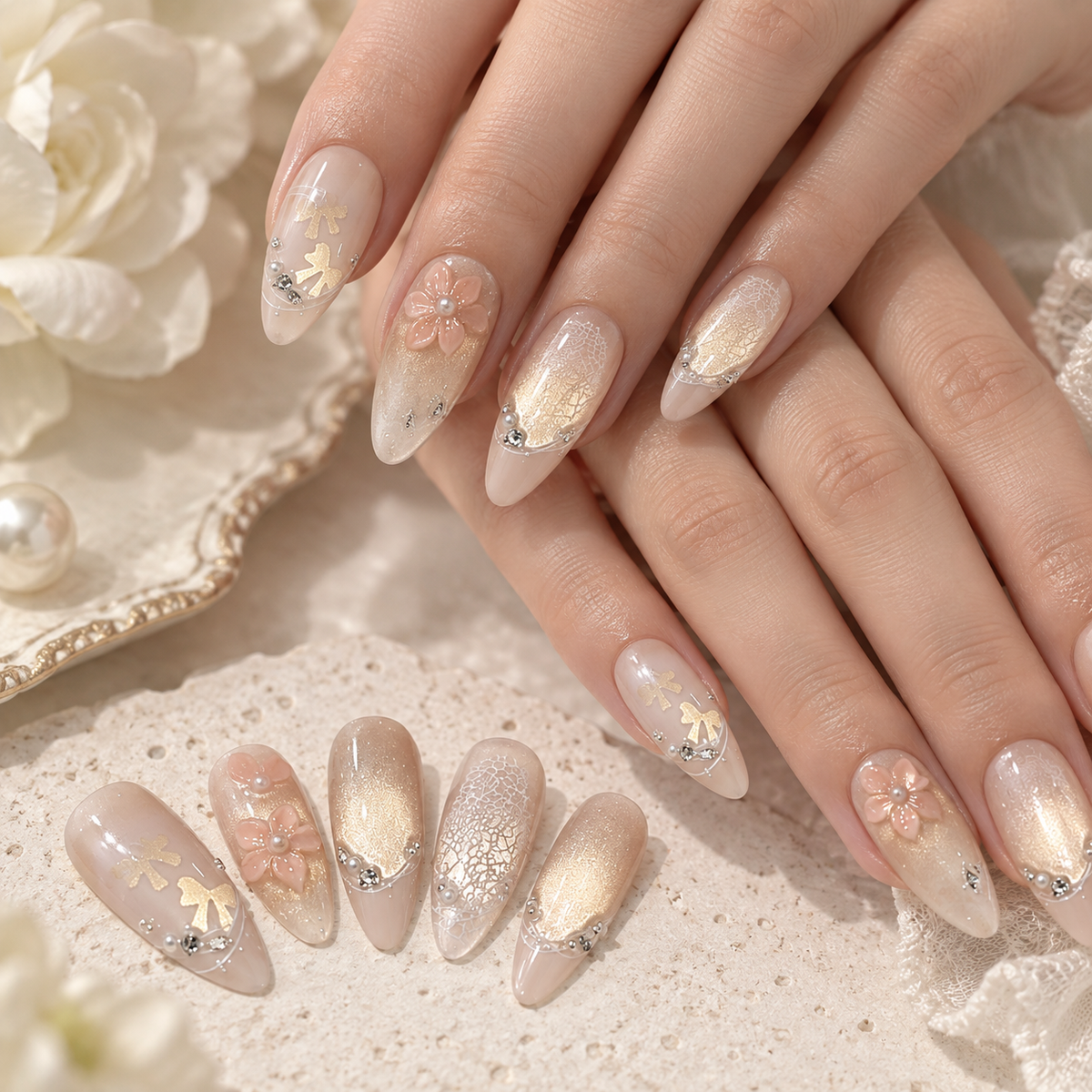 Gardenia Pearl Diamond Cat Eye Press On Nail Set