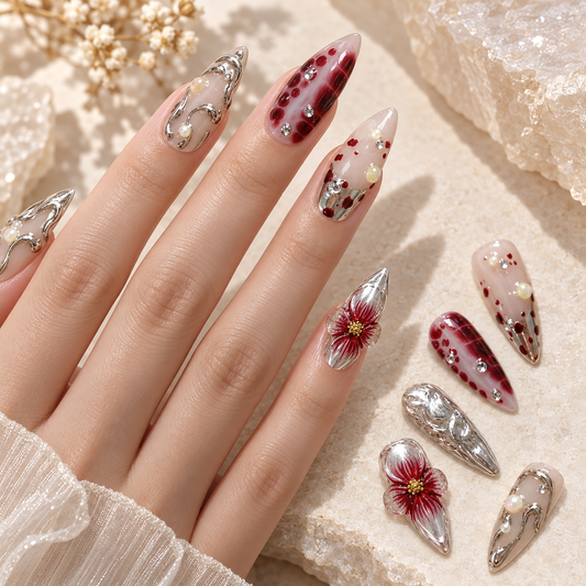 Midnight Silver Aurora Floral Press On Nail Set