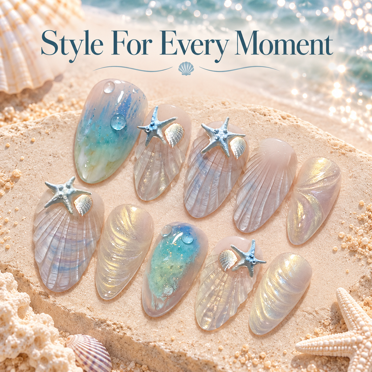 Beach Shell Starfish Cat Eye Press On Nails - image 5