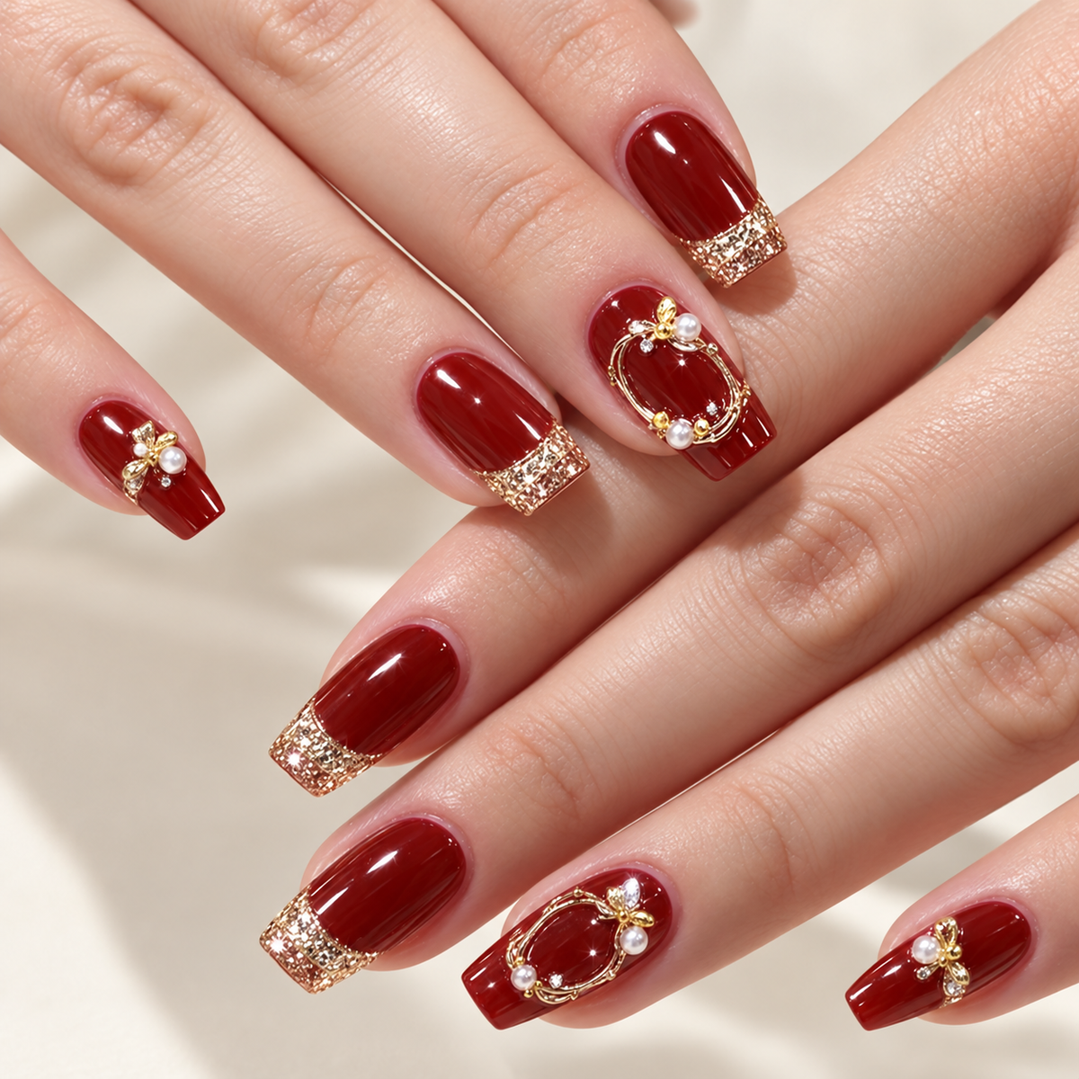 Wine Red Crystal New Year Press On Nails 24 Piece Set - image 1