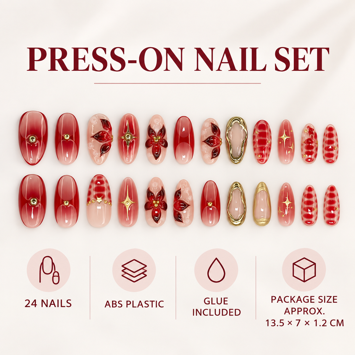 Crimson Camellia Gold Bead Press On Nail Set