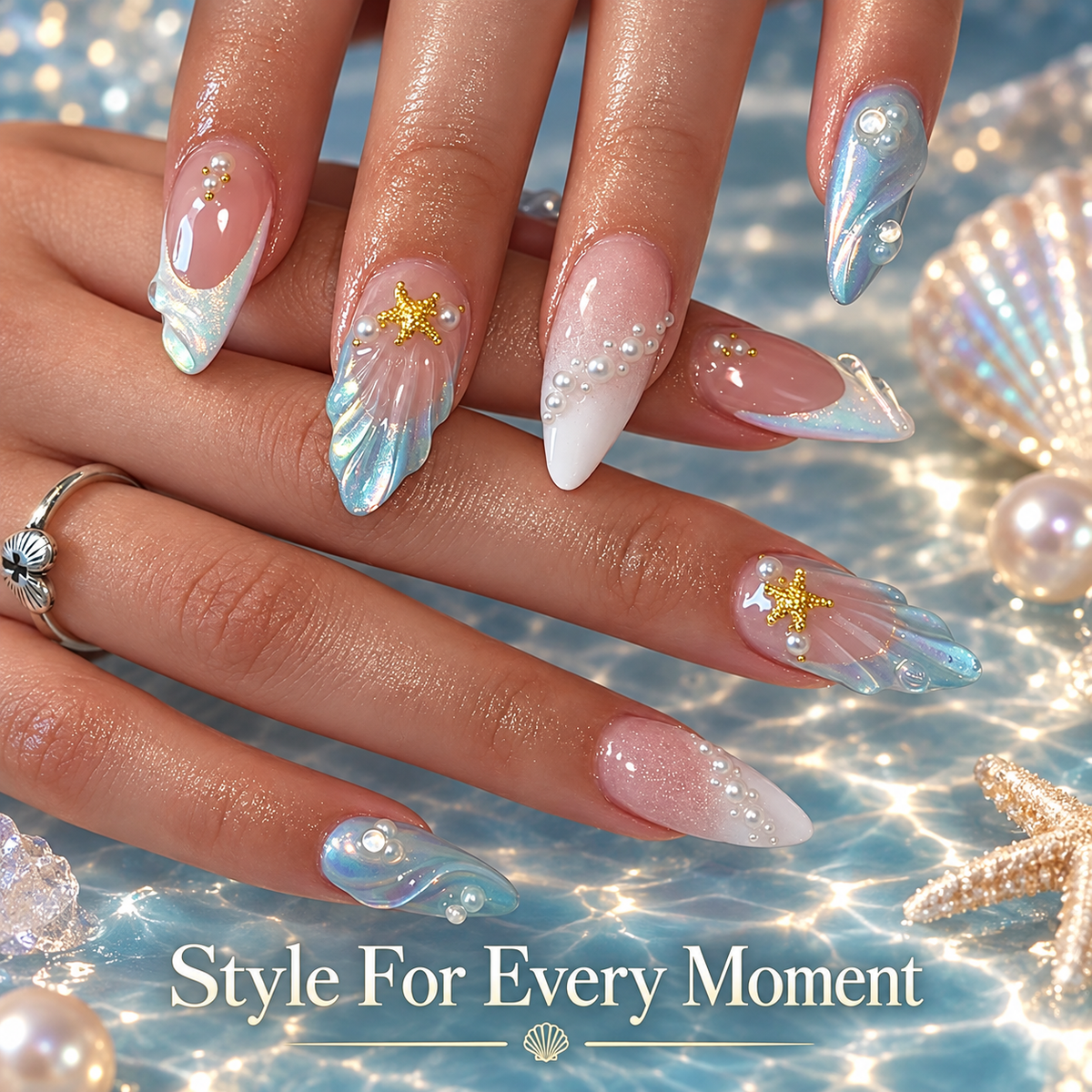 Ocean Mermaid Shell Star Press On Nails 24 Piece Set - replacement image 2