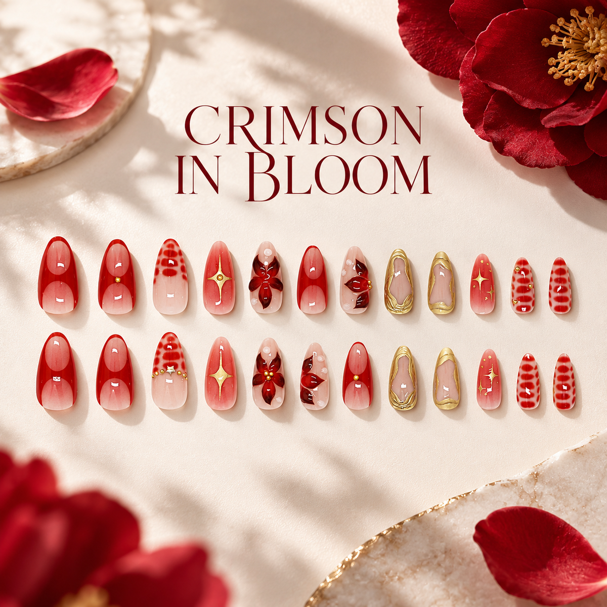 Crimson Camellia Gold Bead Press On Nail Set
