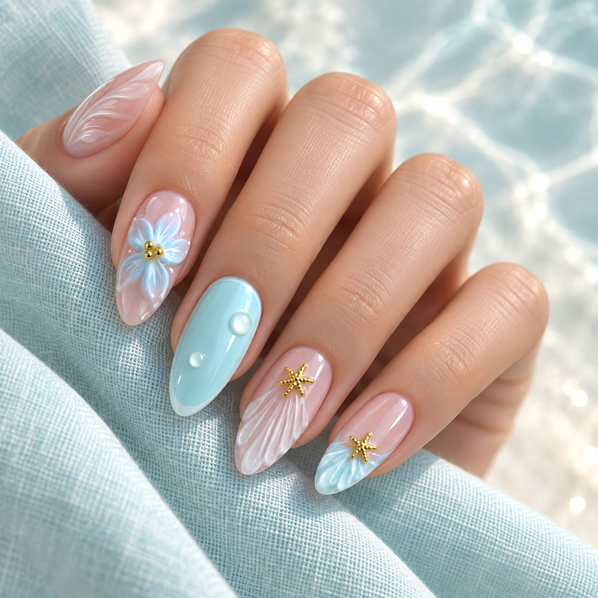 Blue Island Floral Starfish Press On Nail Set