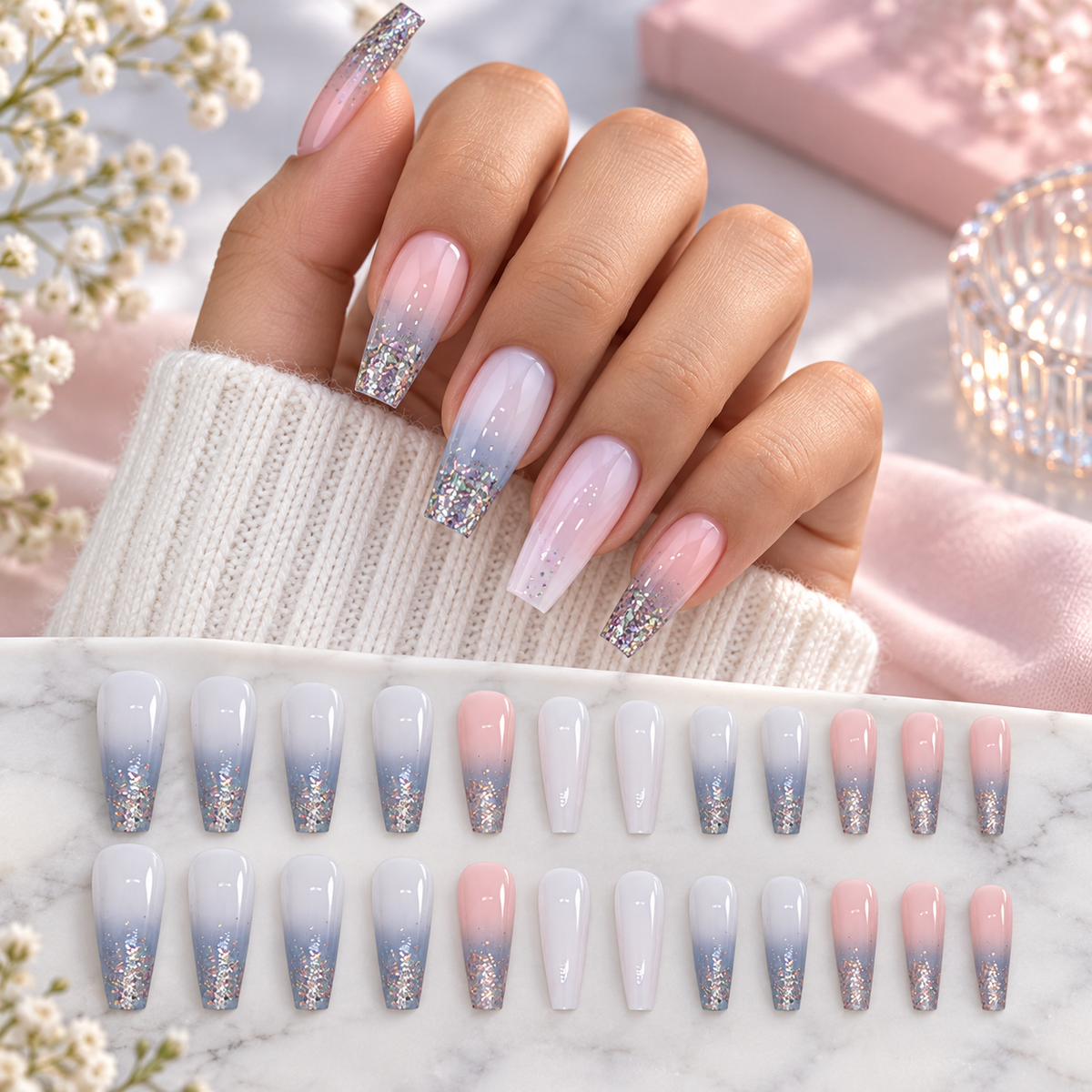 Blue Pink Gradient Glitter Ballerina Press On Nail Set