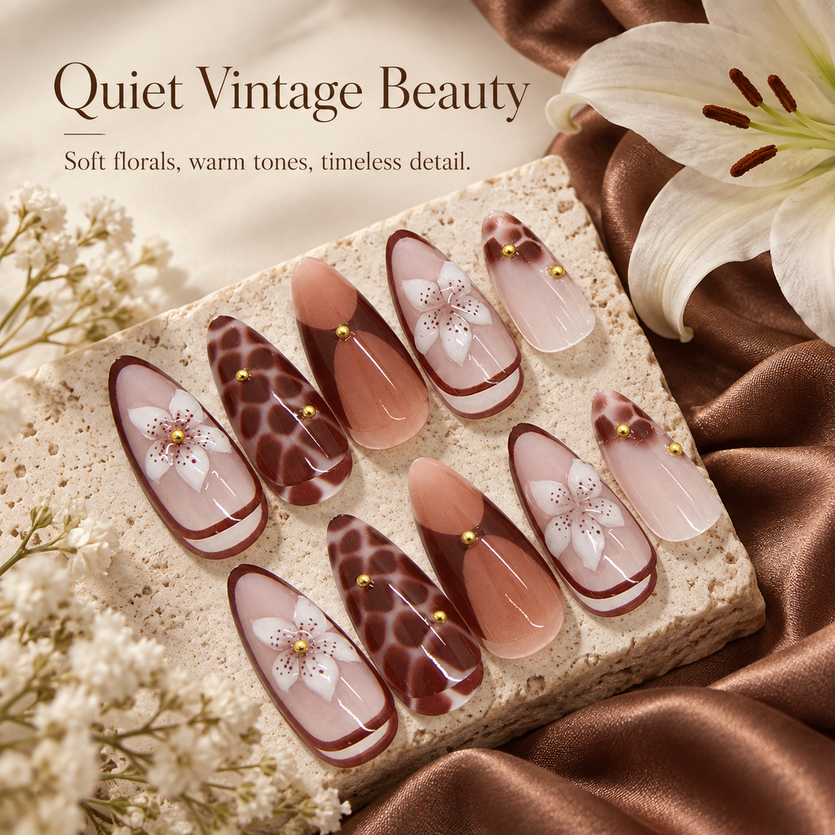 Vintage Brown Lily Almond Press On Nails - replacement image 2
