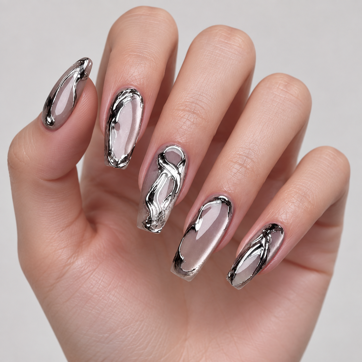 Metallic Silver Cat Eye Mercury Glass Press On Nail Set