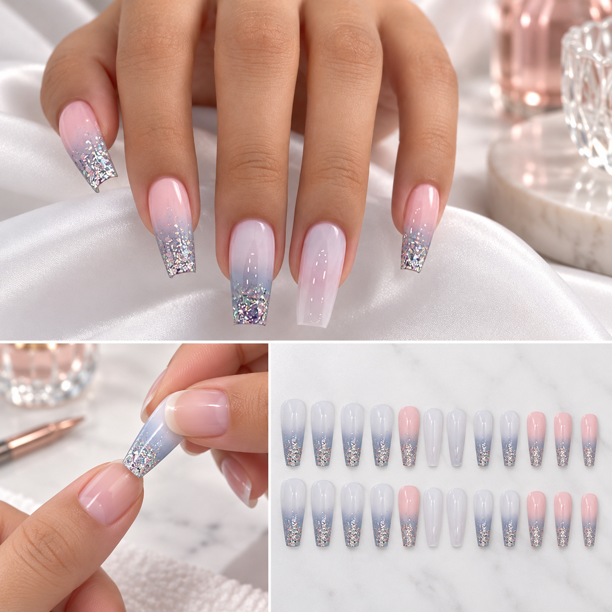 Blue Pink Gradient Glitter Ballerina Press On Nail Set