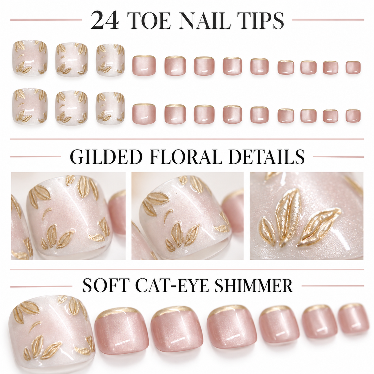 Gilded Floral Cat Eye Press On Toenail Set