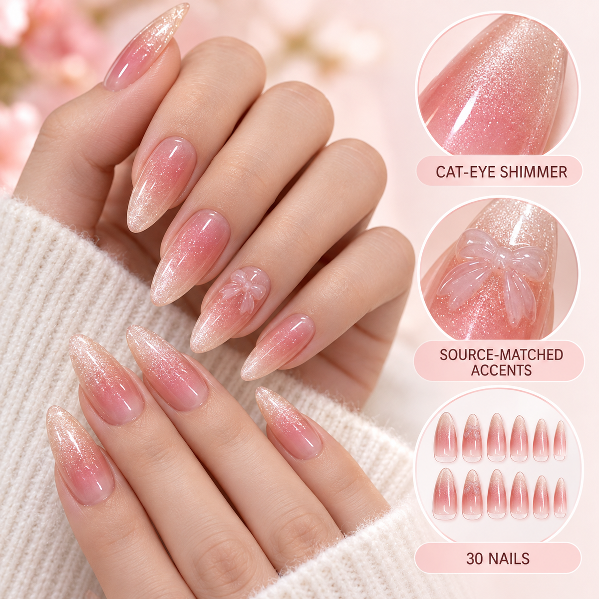 Peach Sorbet Bow Cat Eye Press On Nail Set