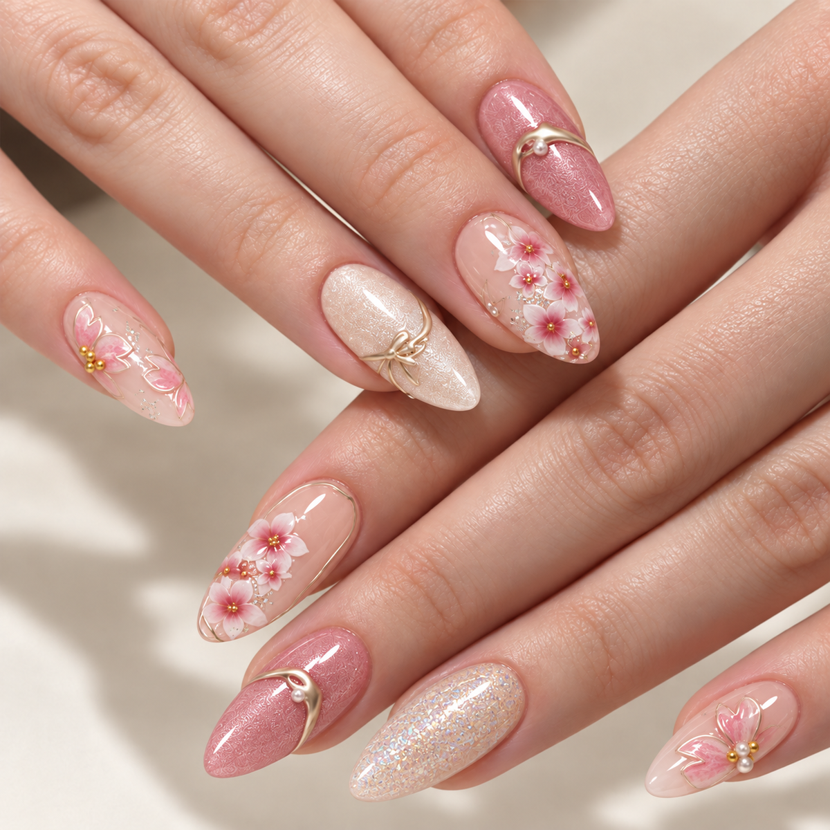 Cat Eye Gold Floral Almond Press On Nails - image 1