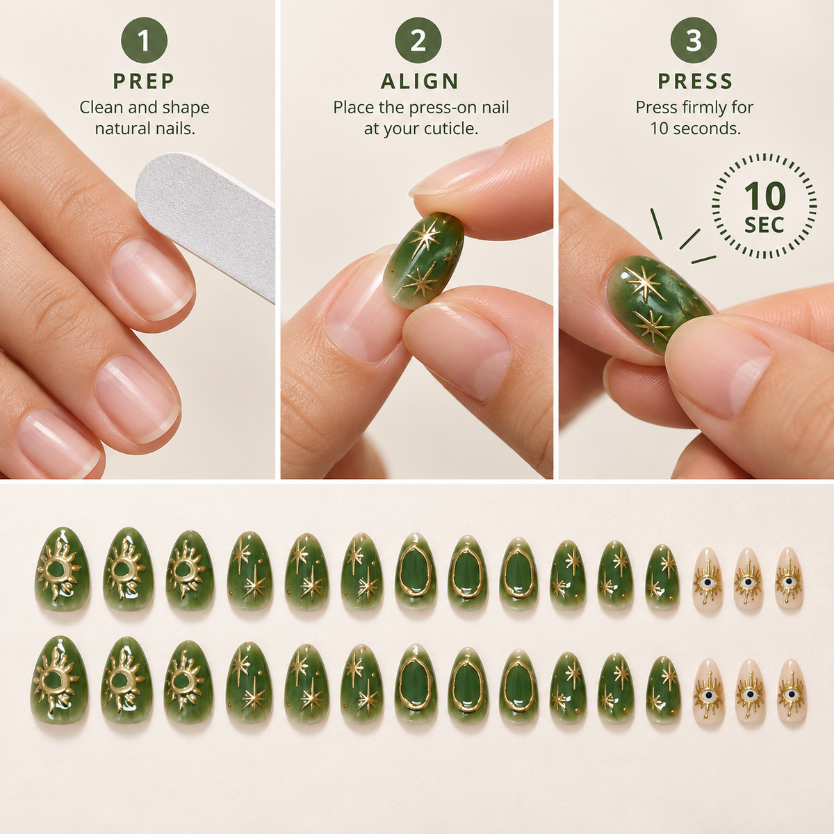Emerald Starburst Marbled Press On Nail Set