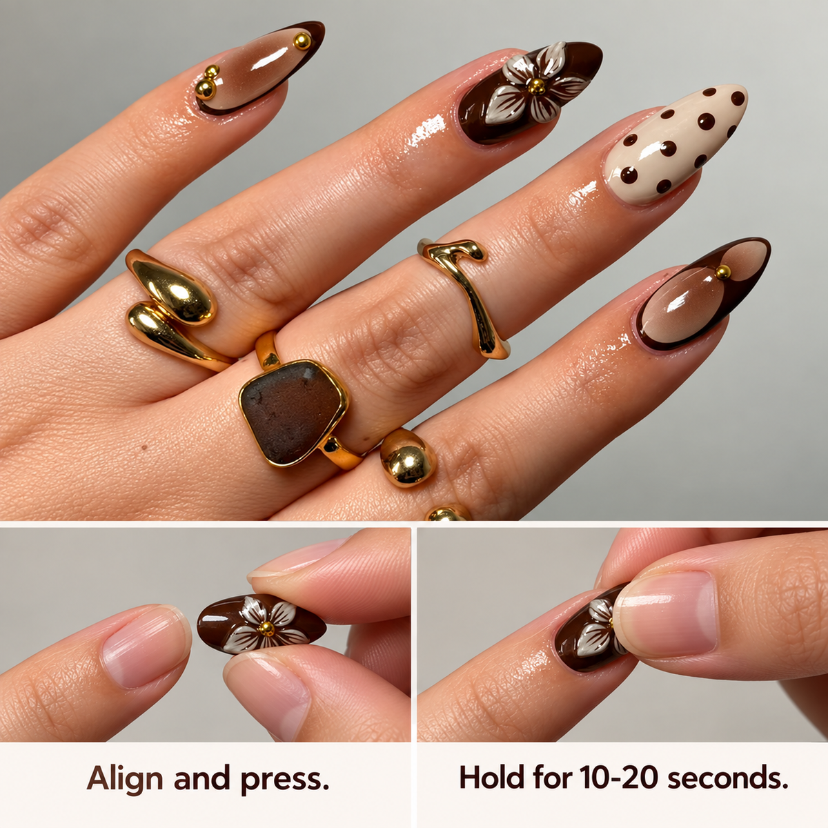 Mocha Cream Floral Gold Bead Press On Nail Set