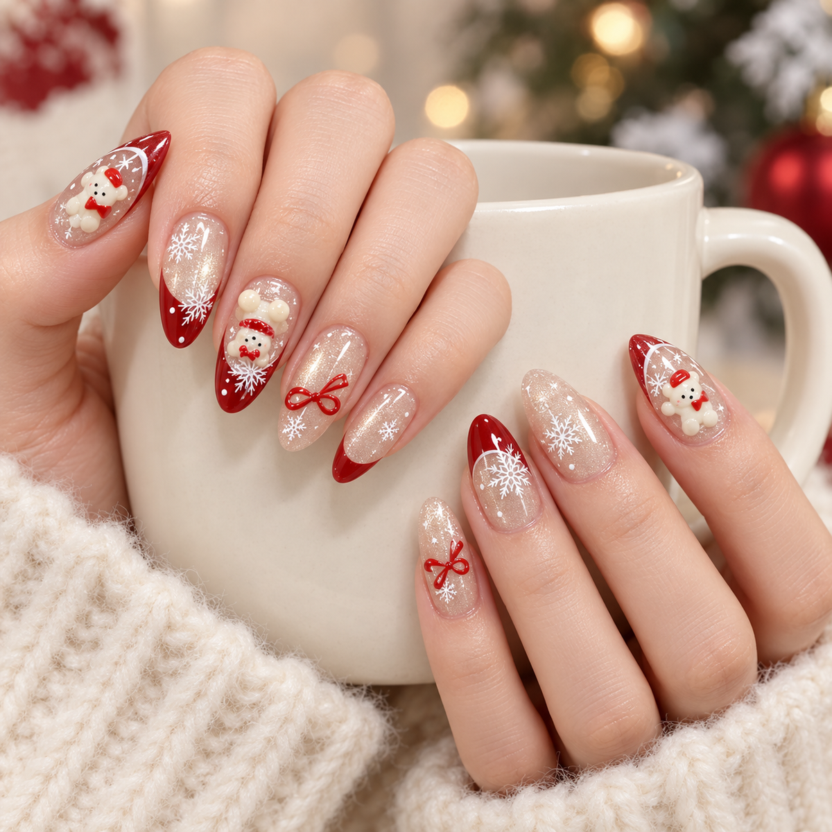 Milky Apricot Christmas Bear Press On Nail Set