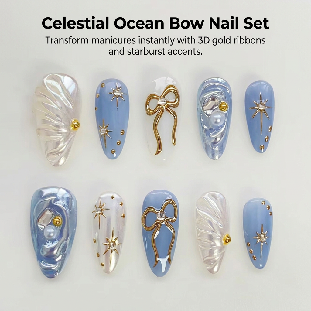 Ocean Blue Gold Accent Press On Nails - replacement image 2