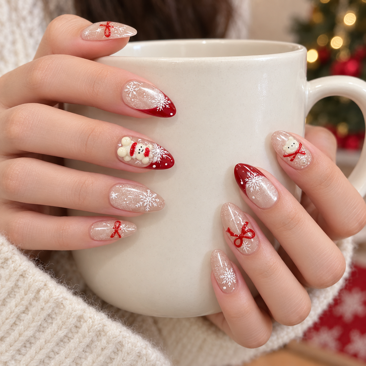 Milky Apricot Christmas Bear Press On Nail Set