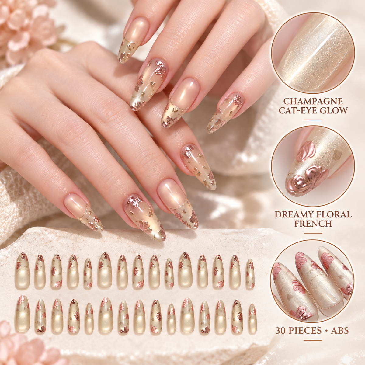 Dreamy Floral Cat Eye French Press On Nail Set