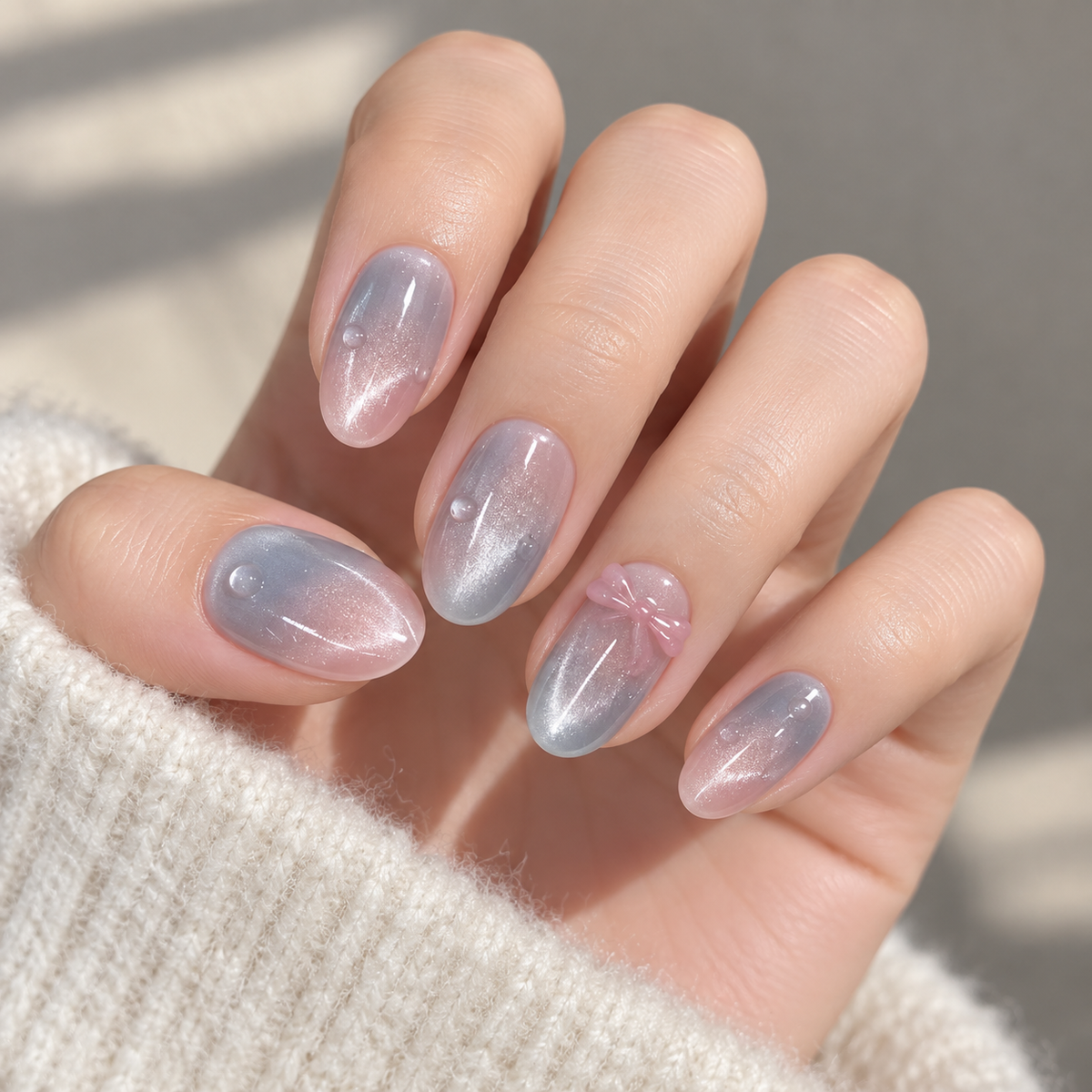 Icy Blue Cat Eye Bubble Bow Press On Nail Set