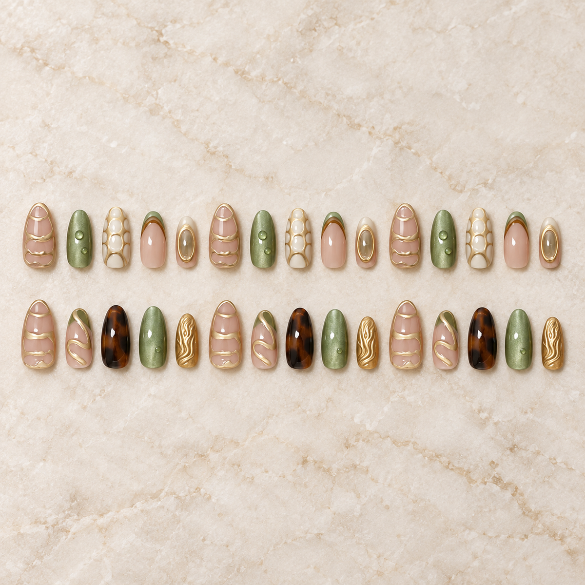 Gilded Emerald Cat Eye Press On Nail Set 2