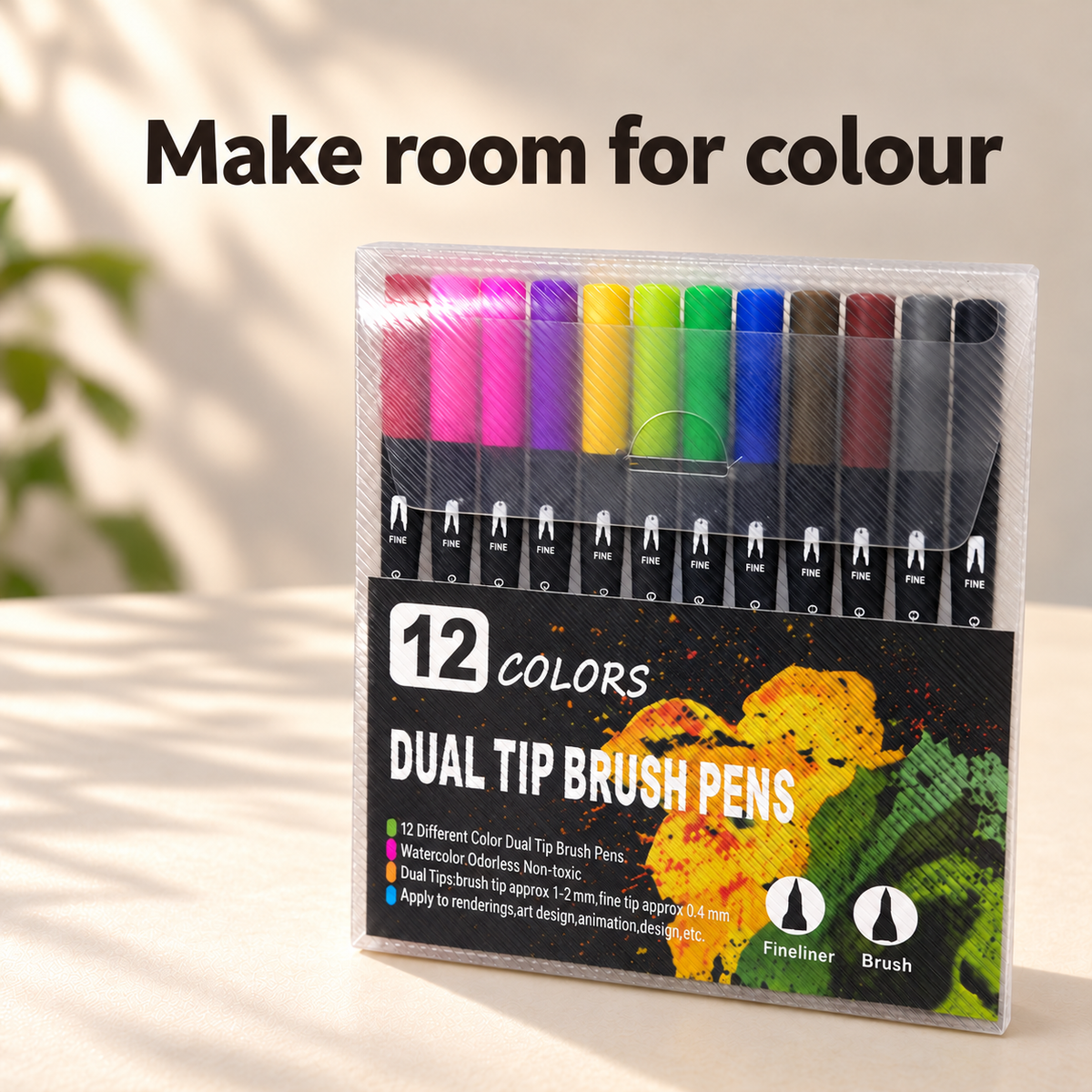 Dual-Tip Brush Pen Set, 12 Colours – Black Barrels 5