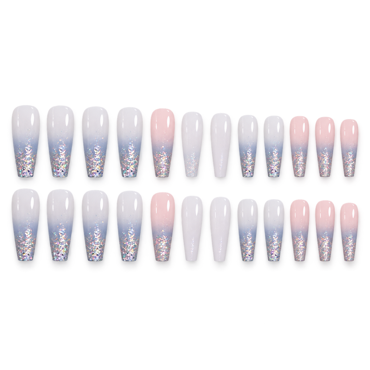 Blue Pink Gradient Glitter Ballerina Press On Nail Set