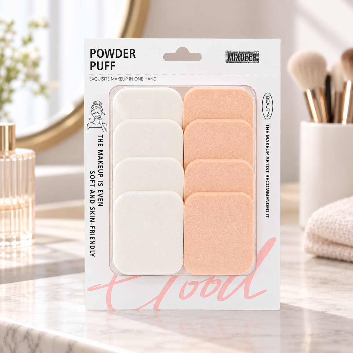 Square Makeup Puffs – 8-Piece White & Nude Set 2