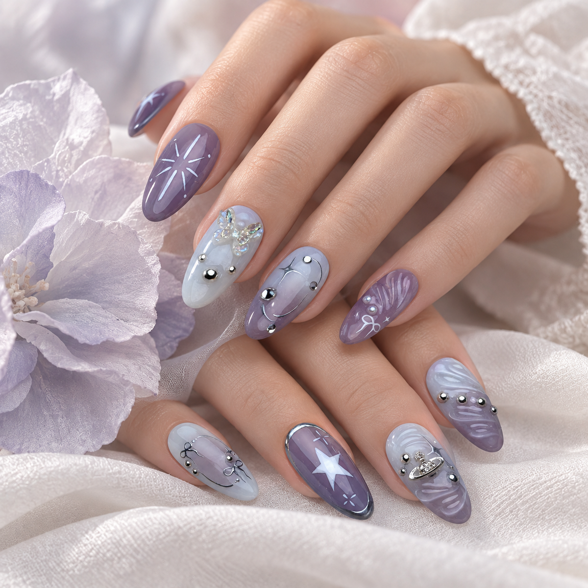 Cosmic Purple Rhinestone Bow Press On Nail Set