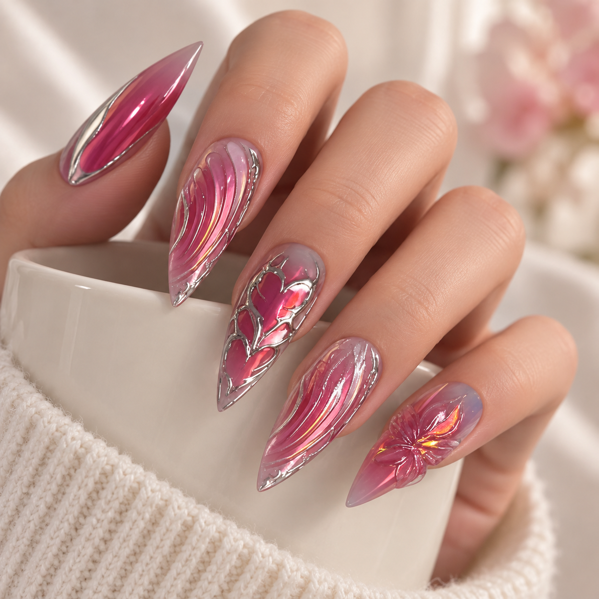 Silver Feather Liquid Chrome Wave Press On Nail Set