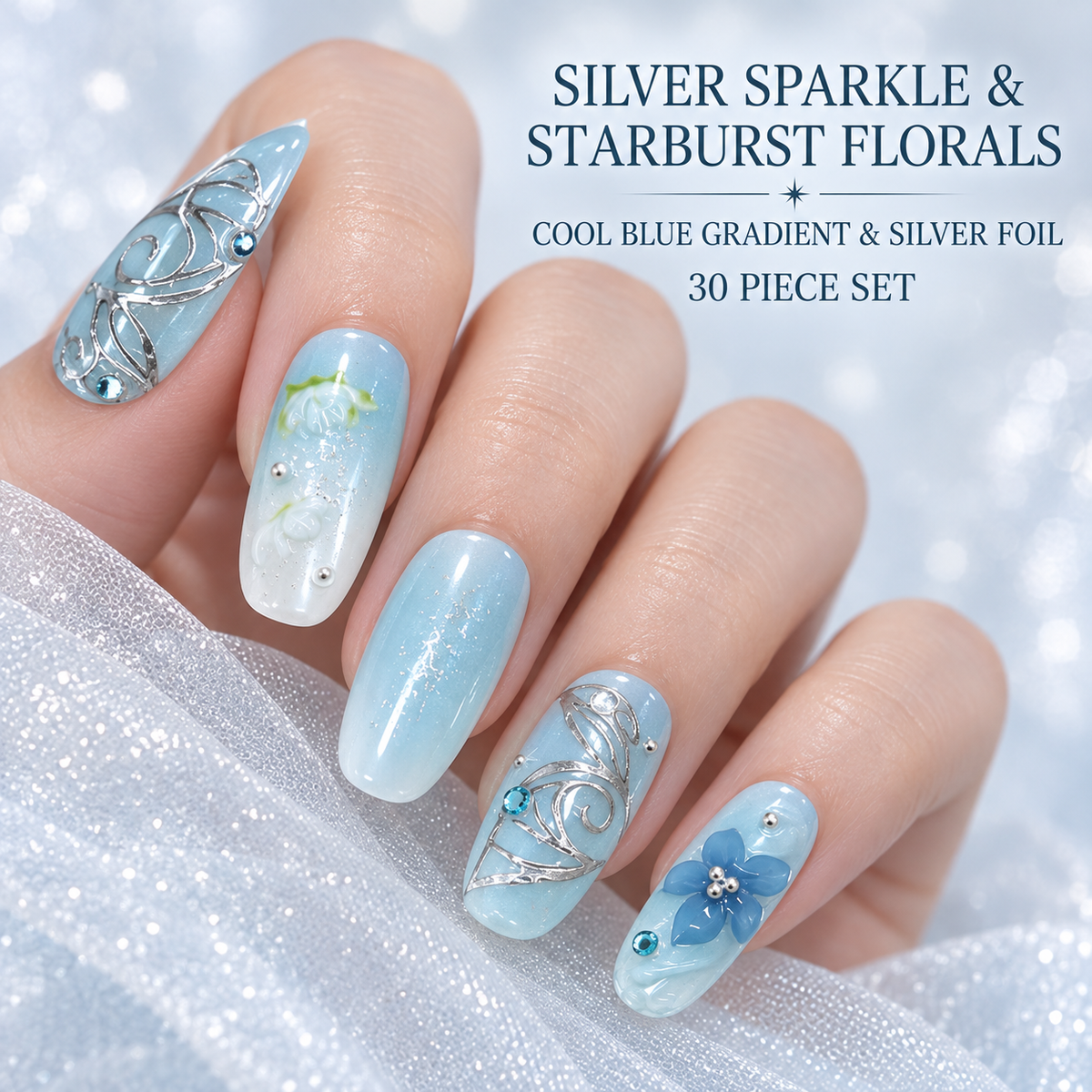 Cool Silver Sparkle Floral Starburst Press On Nail Set · mproduct-3434a47f854d451ca4c0