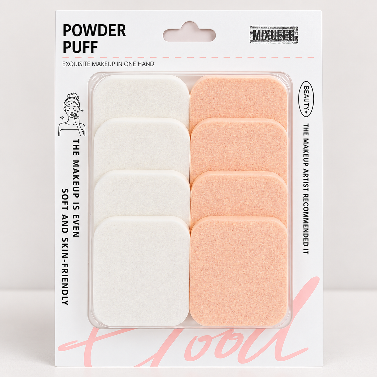 Square Makeup Puffs – 8-Piece White & Nude Set 4