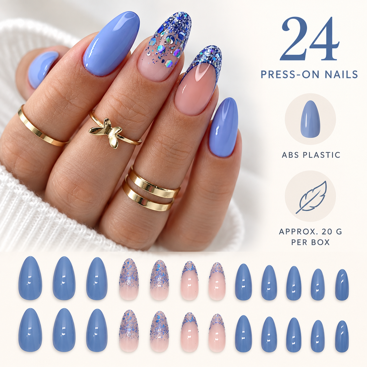 Lake Blue Glitter Almond Press On Nail Set